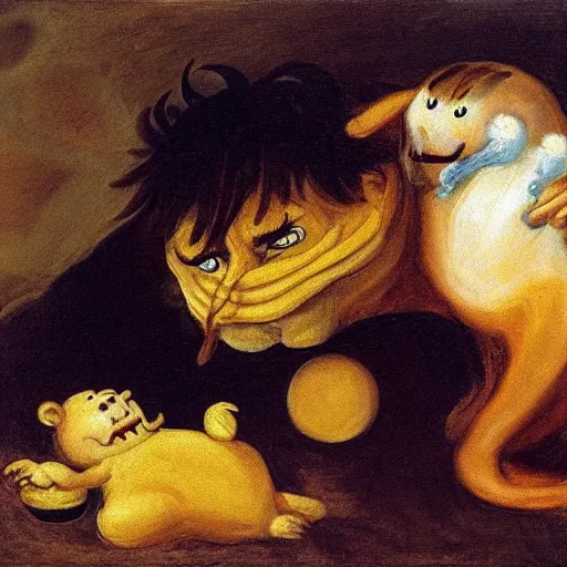 Image similar to Garfield as Saturn devouring his son, painted by Goya, oil on canvas