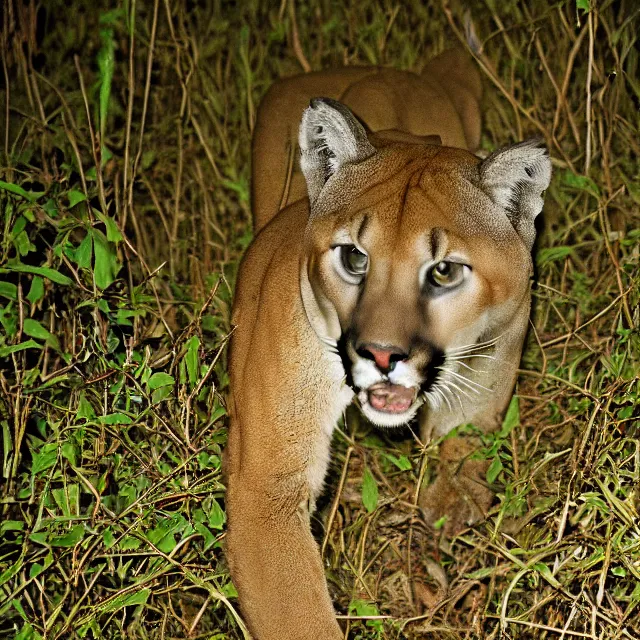 Image similar to cougar in forest at night, night vision goggles, shot from the ground up, grainy