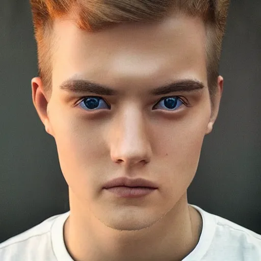 Image similar to “a realistic detailed photo of a guy who is an attractive humanoid who is half robot and half humanoid, who is a male android, twitch streamer and youtuber Ludwig Ahgren, shiny skin, posing like a statue, blank stare”