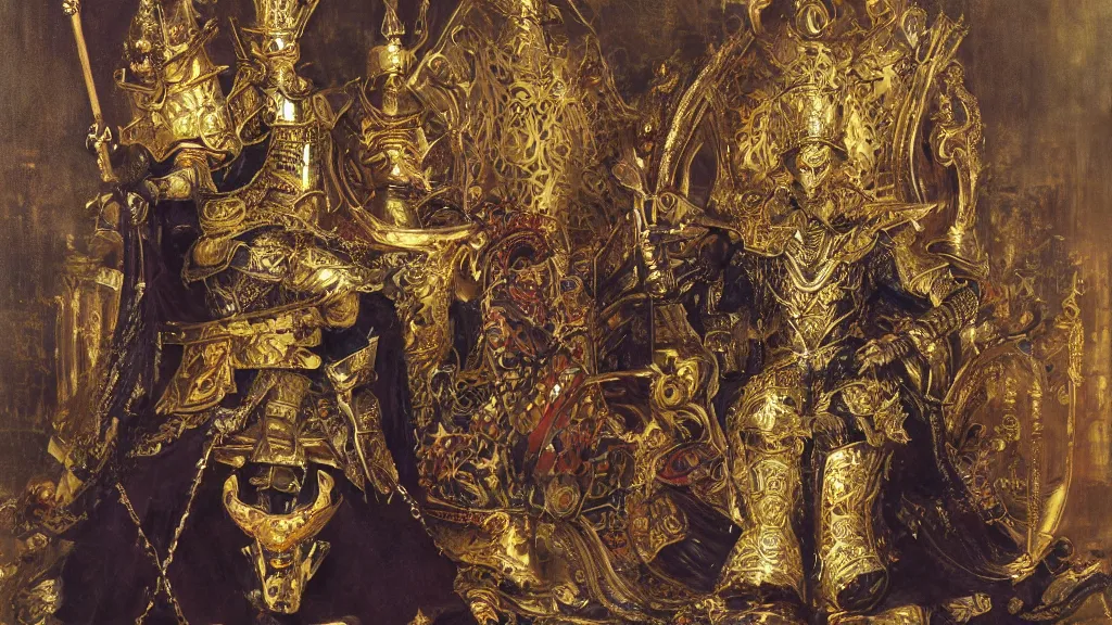 Prompt: a king in a suit of ornate brass armor sitting on a throne in a regal court, by yoshitaka amano, oil paint