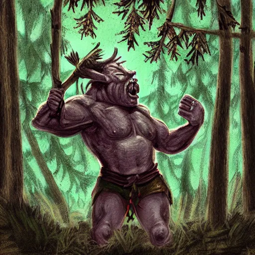 Prompt: An orc in a forest throwing a boar, digital art