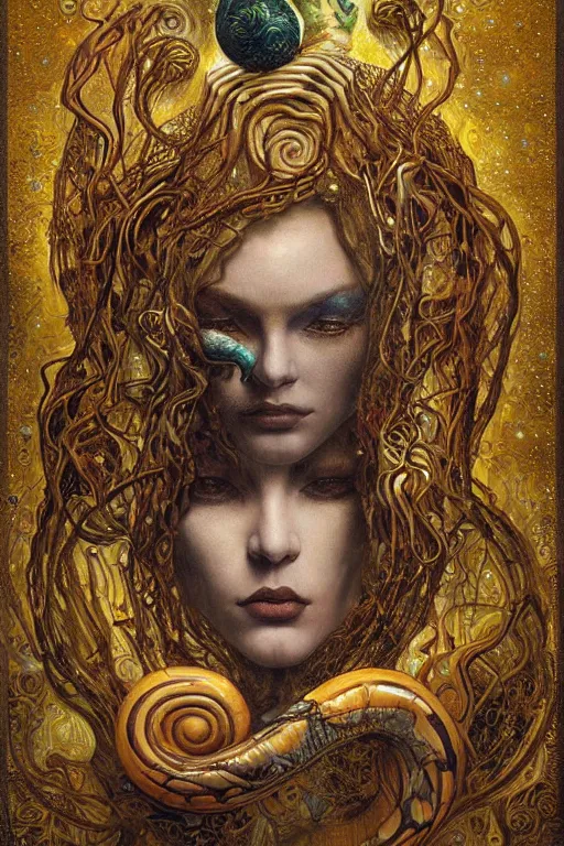 Image similar to Rebirth by Karol Bak, Jean Deville, Gustav Klimt, and Vincent Van Gogh, mysterious portrait of a sacred serpent, Surreality, radiant halo, shed iridescent snakeskin, otherworldly, enigma, fractal structures, celestial, arcane, ornate gilded medieval icon, third eye, spirals