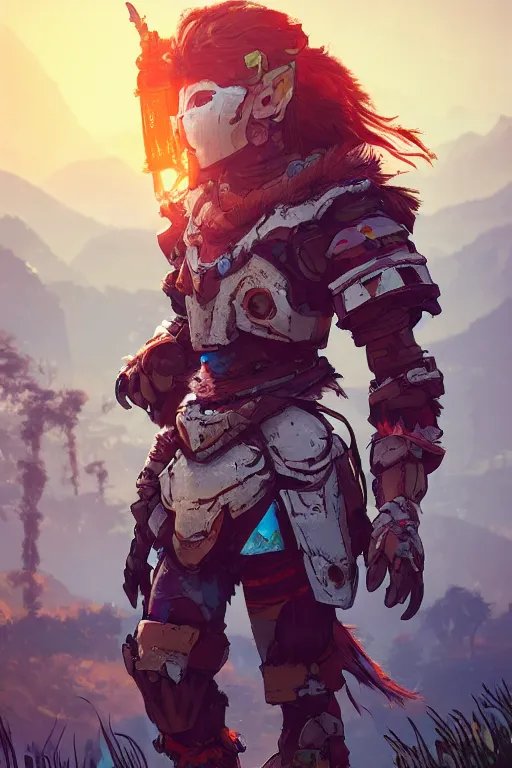 Image similar to combination suit armor aloy horizon forbidden west horizon zero dawn radiating a glowing aura global illumination ray tracing hdr fanart arstation by ian pesty and alena aenami artworks in 4 k tribal robot ninja mask helmet backpack