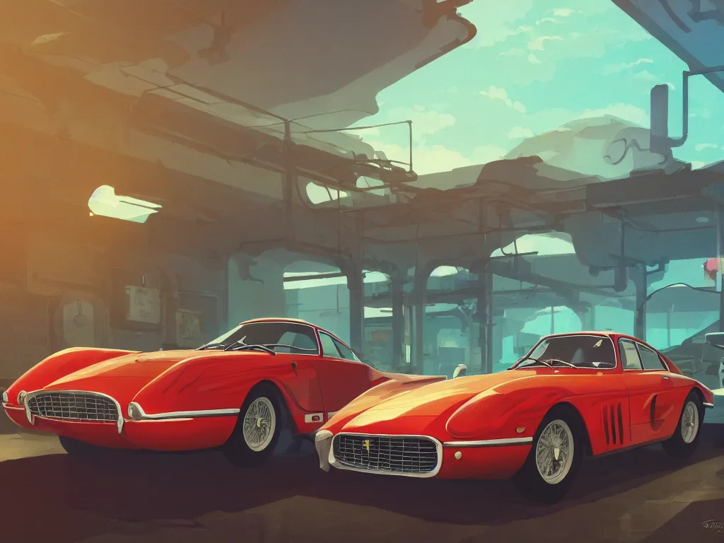 Prompt: a wholesome animation key shot of a focused old ferrari car in a car park, close shot, studio Ghibli, Pixar and Disney animation, sharp, very detailed, high resolution, Rendered in Unreal Engine 5, anime key art by Greg Rutkowski, Bloom, dramatic lighting