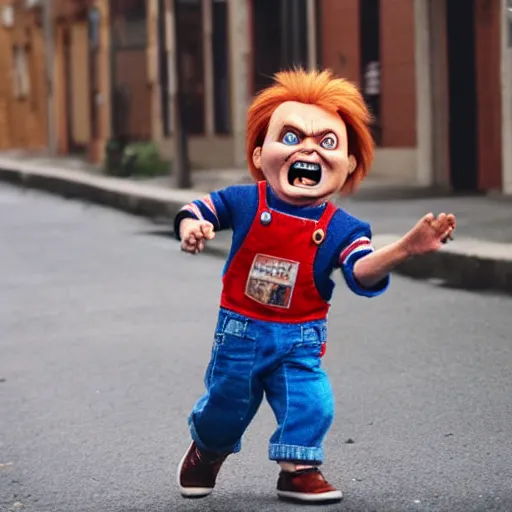 Prompt: chucky doll chasing himself down the street while screaming