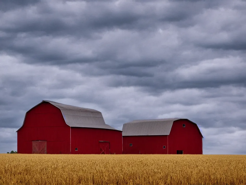 Prompt: A single isolated old red barn next to a wheat crop at the bottom of a cliff at noon. Award winning photography, wide shot, surreal, dreamlike.