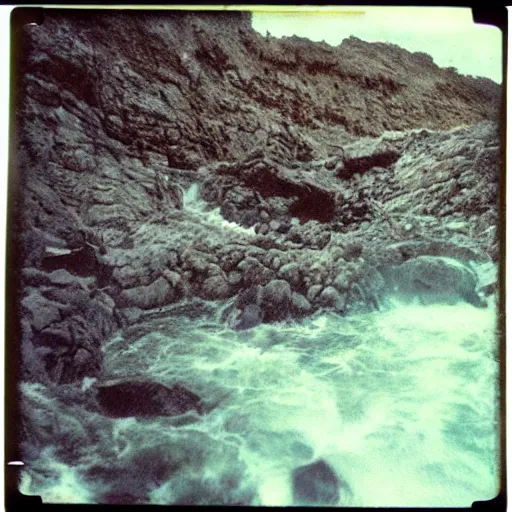 Image similar to a caldera with rushing water at the bottom, creepy, eerie, unsettling, terrifying, jagged rocks, dark, old polaroid, expired film, deep!!, dark!!!
