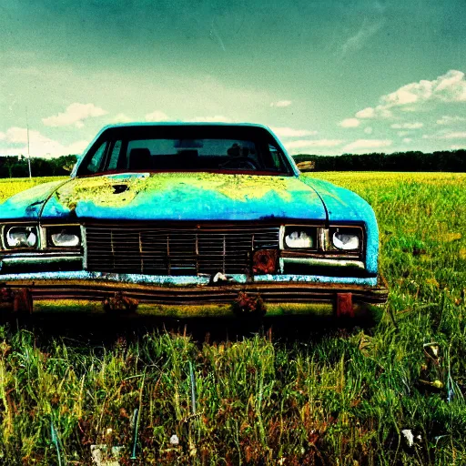 Prompt: A medium shot photograph of a rusty, worn out, broken down, decrepit, run down, dingy, faded, chipped paint, tattered, beater 1976 Denim Blue Dodge Aspen in a farm field, photo taken in 1989