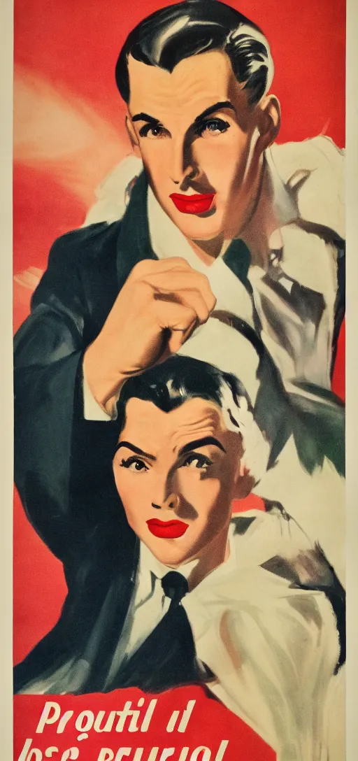 Image similar to portrait of a glamorous man with upset gesture, 1940s propaganda poster, full hd,highly detailed