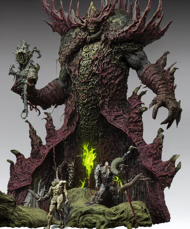 Prompt: a hyperrealistic rendering of an epic boss fight against an ornate supreme dark overlord by art of skinner and richard corben, product photography, mountain nightmare castle playset, collectible action figure, sofubi