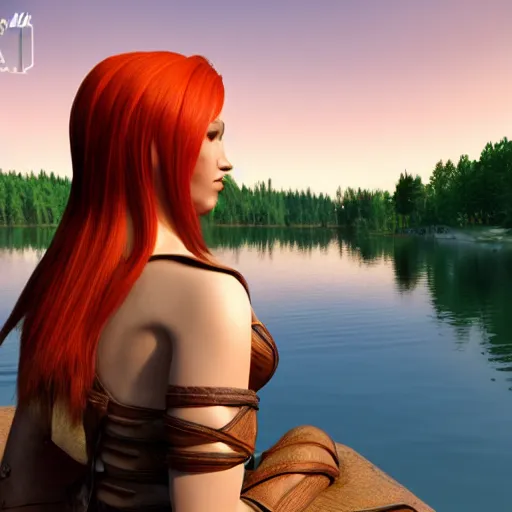 Image similar to beautiful female redhead elf warrior wearing tanned leather, sitting next to a beautiful lake at sunset, enjoying the wind, looking at the water. 8 k ultra realistic, award winning, unreal engine 5, masterpiece, atmosphere glow, hyperrealistic, focused, extreme details, cinematic