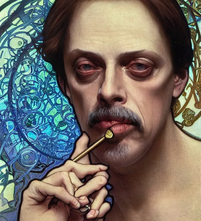 Image similar to detailed closeup portrait of steve buscemi by alphonse mucha, ayami kojima, yoshitaka amano