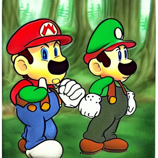 Image similar to mario and luigi eating mushrooms in the forest in a photorealistic style, photo captured on polaroid