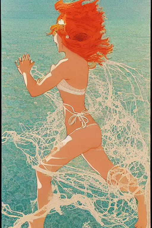 Prompt: A girl in a white lacy bikini and white sun hat and Holding a heart-shaped lifebuoy, jumping for joy,long orange hair floating on air ,Waves and splashes,beach,geometric shapes, hard edges ,Smooth visual lines,,graphic Design by mucha