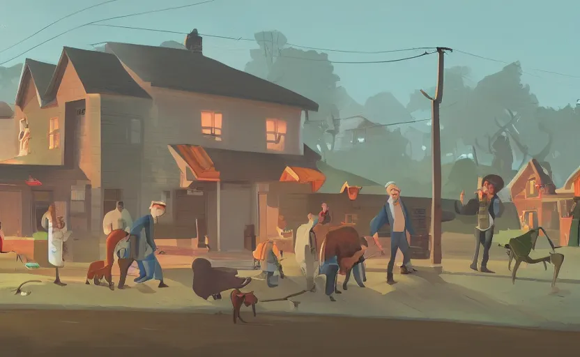 Prompt: a group of village farmers meet a local detective to outside his house, james gilleard, print, game art