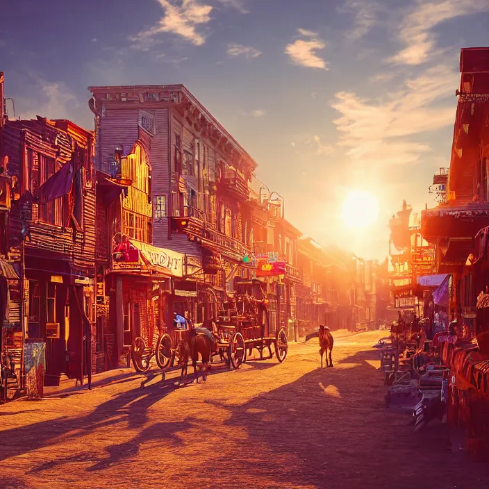 Image similar to a sunset light historical wild west village, duel between two cowboys, lots of sparkling details and sun ray's, blinding backlight, smoke, volumetric lighting, colorful, octane, 3 5 mm, saloon exterior, old town street, beautiful epic colored reflections, very colorful heavenly, softlight