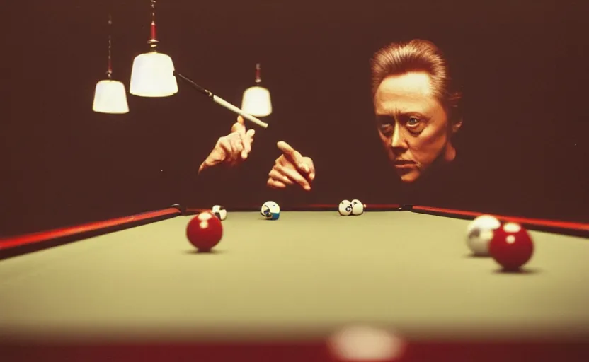 Prompt: Christopher Walken playing billiards and smoking a cigarette in the style of Annie Leibovitz, medium format digital camera, full color, soft lighting, dark, moody, shallow depth of field, highly detailed, photorealistic,