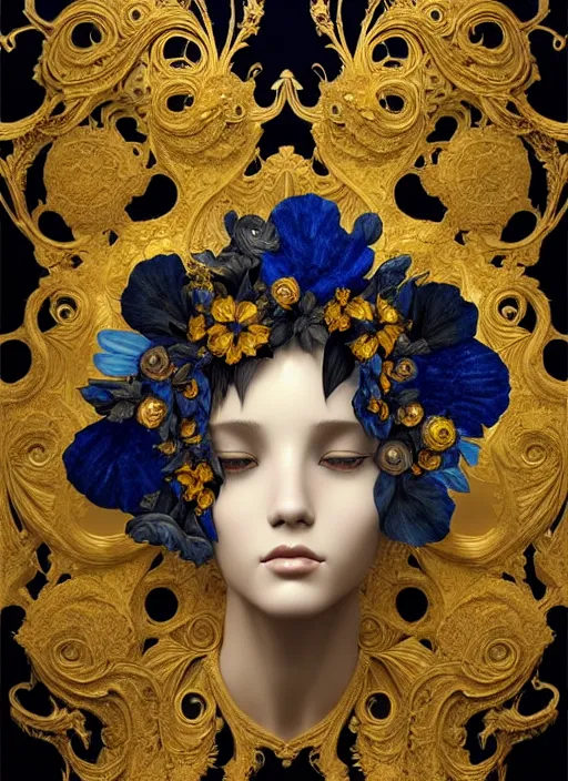 Image similar to beautiful black blue yellow, complicated gold and blue flowers in baroque style headwears, dark fantasy, intricate, elegant, highly detailed, digital painting, artstation, concept art, matte, 3 d 8 k octane rendered, sharp focus, illustration, octane rendered, art by artgerm and alphonse mucha, leesha hannigan