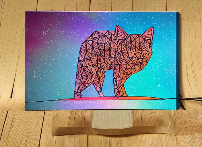 Prompt: geometric cat shaped burning man canvas tent, internally illuminated