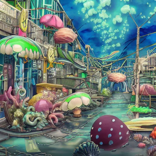 Image similar to painted anime background of undersea slums shopping district built from various sea shells and corals and falling to decay, seaweed, light diffraction, steampunk, cyberpunk, cool colors, caustics, anime, vhs distortion, hazard warning signs, sickly green color palette, barnacles, sea urchins, inspired by splatoon by nintendo, art created by miyazaki