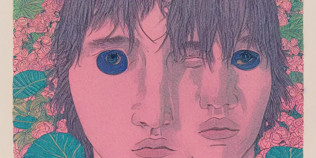 Image similar to risograph grainy drawing protagonist face, pastel colors, with huge piersing, face covered with plants and flowers, by moebius and satisho kon, close - up portrait, perfect blue, paprika