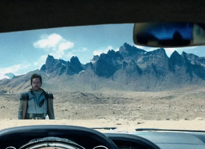 Image similar to a very high resolution image from a new movie, starlord. driving around. inside of a car. mountains, polaroid, directed by wes anderson