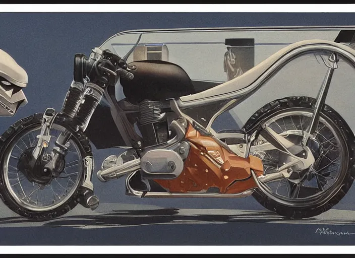 Prompt: ( ( ( ( ( classic ralph mcquarrie star wars motorcycle concept art, 1 9 5 0 s scrambler, 1 9 6 0 s cafe racer, sci - fi illustration, painting, star wars ) ) ) ) ) by ralph mcquarrie!!!!!!!