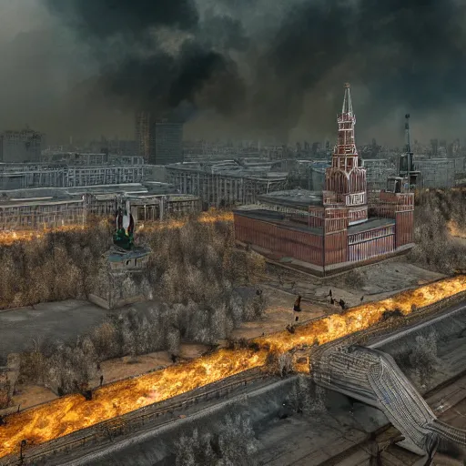 Image similar to Moscow in fire, abandoned, ruined, realistic, dark, cinematic, 8k render, full HD