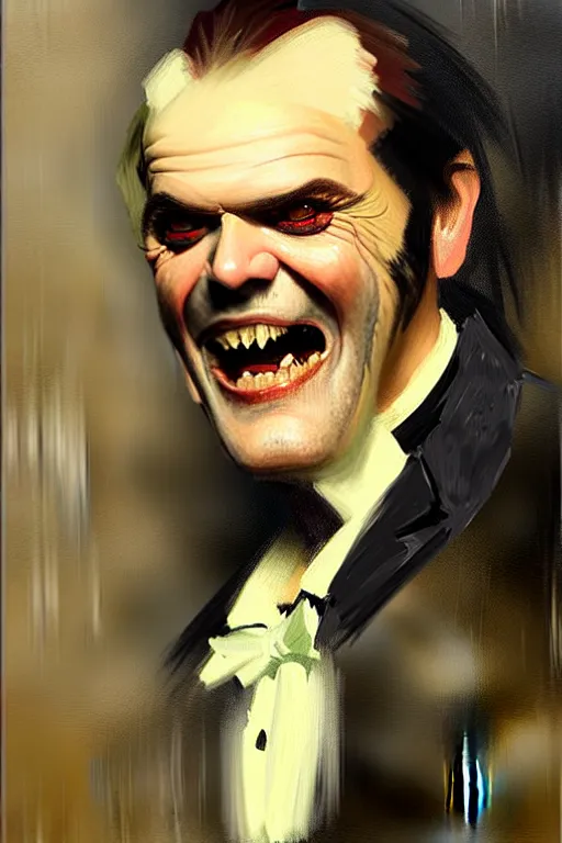 Image similar to impressionist brushstrokes!!!! beeple and richard schmid and jeremy lipking victorian loose genre loose painting full length portrait painting of a victorian male vampire ( ( jack nicholson ) )