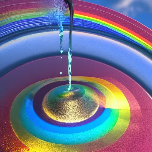 Prompt: god spills multicolored rainbow iridiscent water rivers from a sky, fantasic rain, render, octane render, 3 d, unreal engine, raytracing, 8 k