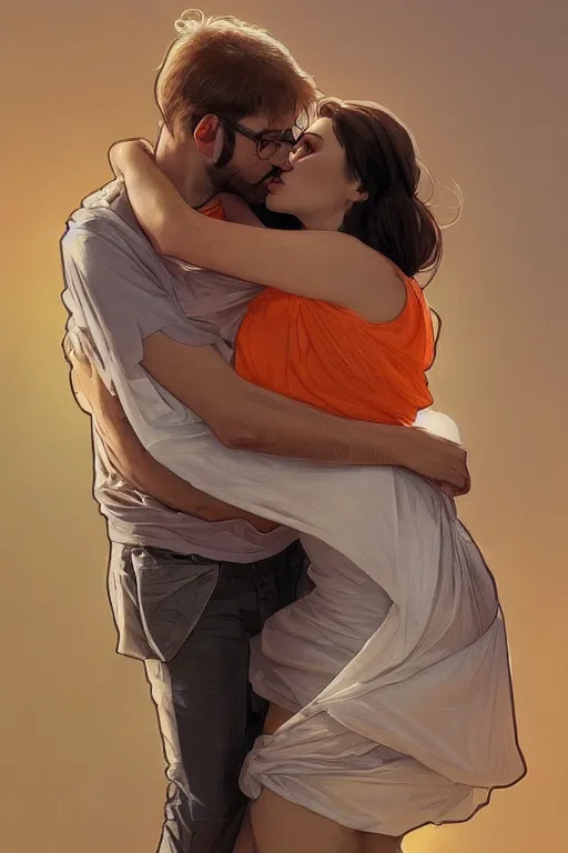 Image similar to portrait of a man in tin - foil hat and orange t - shirt hugging his wife in a bed, feelings, romantic, fantasy, intricate, elegant, highly detailed, digital painting, artstation, concept art, smooth, sharp focus, illustration, art by artgerm and greg rutkowski and alphonse mucha