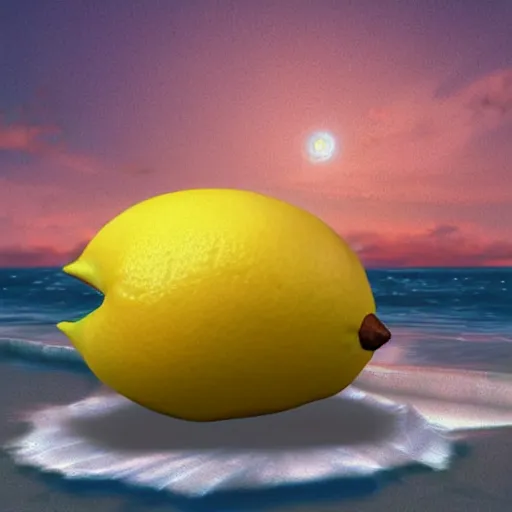 Prompt: a wide shot low angle digital painting 3 d render of a realistic cartoony lemon with a face riding the universe like a surf board by alex ross and thomas kinkade
