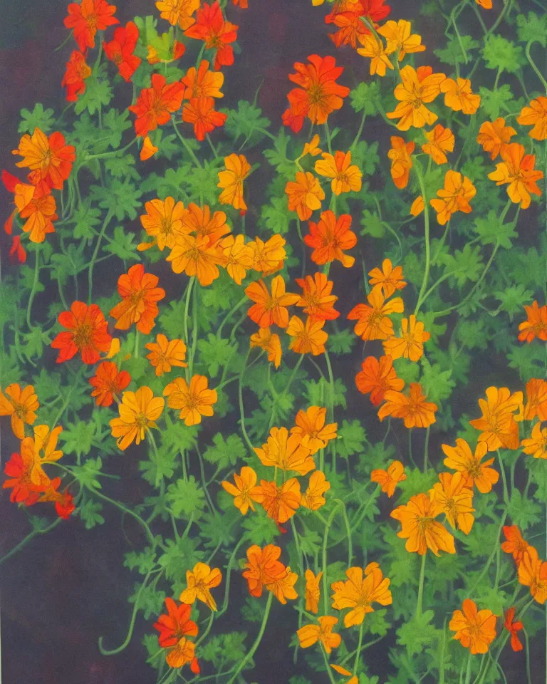 Image similar to fine painting of tropaeolum majus and multicolor smoke and dark flames.