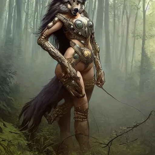 Image similar to long shot photo of a humanoid female she - wolf with wolf head were a heroic dress an armour in the forest, long hair, highly detailed, digital painting, artstation, smooth, sharp focus, illustration, art by artgerm and greg rutkowski and alphonse mucha