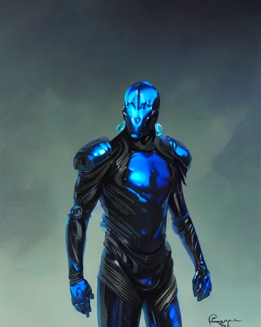 Image similar to iridescent sinewy smooth muscular male sleek glossy bluish black pearlescent scifi armor with smooth black featureless helmet, by greg rutkowski, mark brookes, jim burns, tom bagshaw, magali villeneuve, eve ventrue, trending on artstation