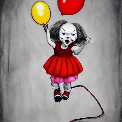 Image similar to grunge cartoon painting of a little girl playing with a jump rope with a wide smile and a red balloon by chris leib, loony toons style, pennywise style, horror theme, detailed, elegant, intricate