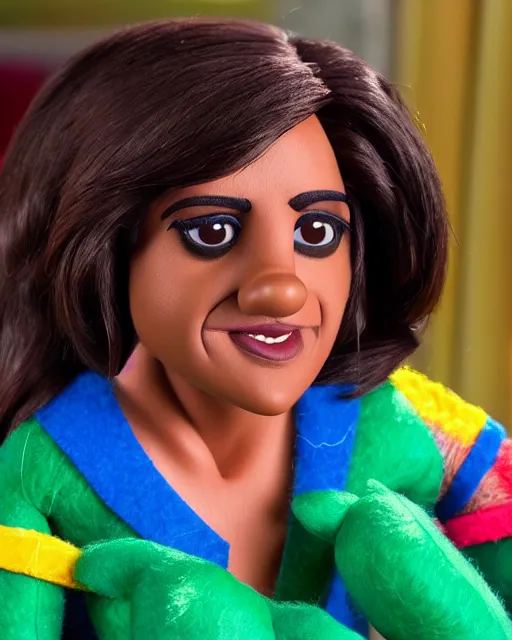 Prompt: kelly kapoor as a muppet. highly detailed felt. hyper real photo. 4 k.