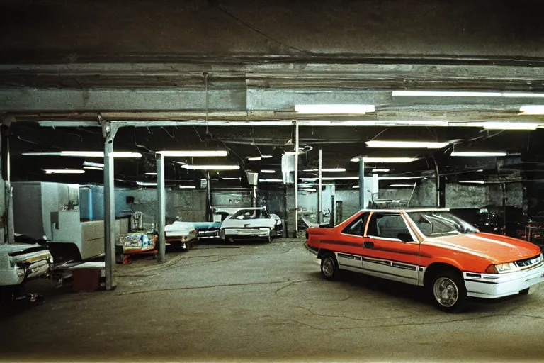 Image similar to 1985 Honda Civic, inside of an unlit 1970s auto repair garage, ektachrome photograph, volumetric lighting, f8 aperture, cinematic Eastman 5384 film