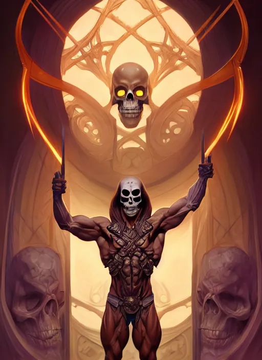 Image similar to symmetry! portrait of skeletor, d & d, muscular! fantasy, intricate, elegant, highly detailed, digital painting, artstation, concept art, smooth, sharp focus, illustration, art by artgerm and greg rutkowski and alphonse mucha