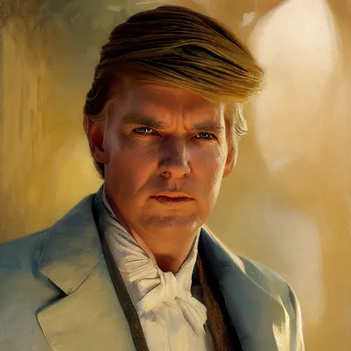 Image similar to detailed cinematic wide shot of beautiful attractive donal trump slim face symettrical face clean skin blue eyes black robe smooth, sharp focus, ultra realistic, spring light, painting by gaston bussiere, craig mullins, j. c. leyendecker