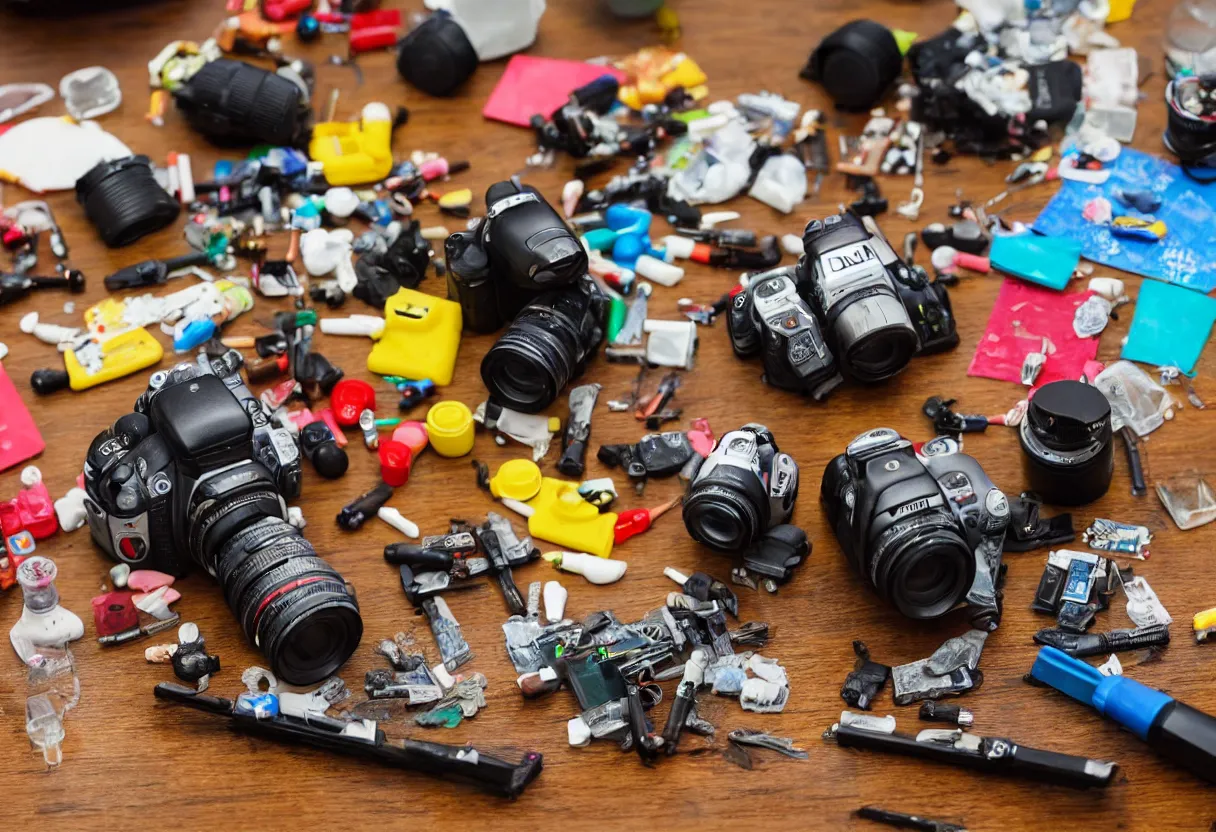 Image similar to wide dslr photo still of an occult toy on a table cluttered with drug paraphernalia