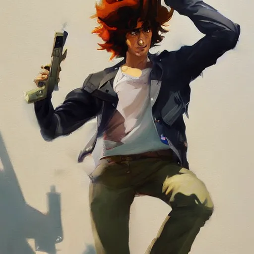 Image similar to greg manchess portrait painting of spike spiegel as overwatch character, totally whack, medium shot, asymmetrical, profile picture, organic painting, sunny day, matte painting, bold shapes, hard edges, street art, trending on artstation, by huang guangjian and gil elvgren and sachin teng