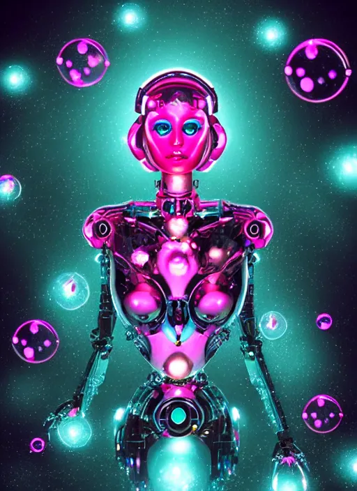 Prompt: cybernetic woman robot android diamonds ruby jade glowing ethereal bubbles gradient jewels