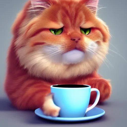 Prompt: cute fluffy fat ginger cat drinking coffee from a bowl, digital art, octane render, artstation, 4k