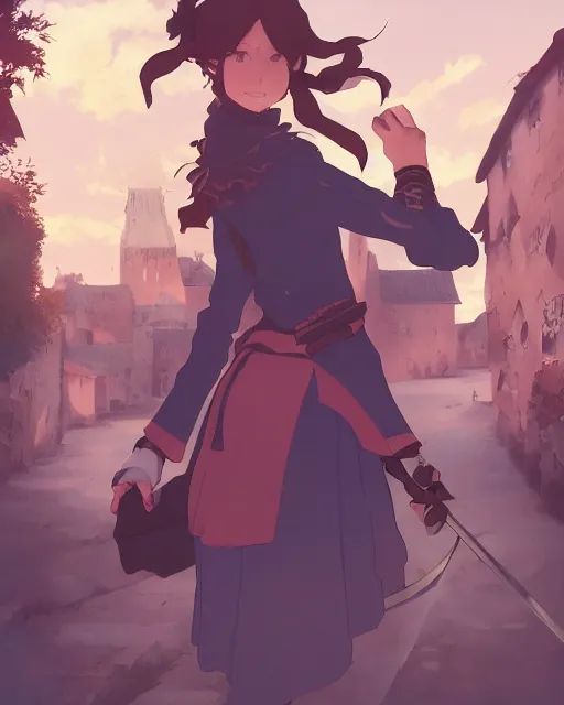 Image similar to key anime visual portrait of a young female walking through a medieval village, dynamic pose, dynamic perspective, cinematic, detailed silhouette, film grain, tending on artstation, face by yoh yoshinari, detailed, intricate