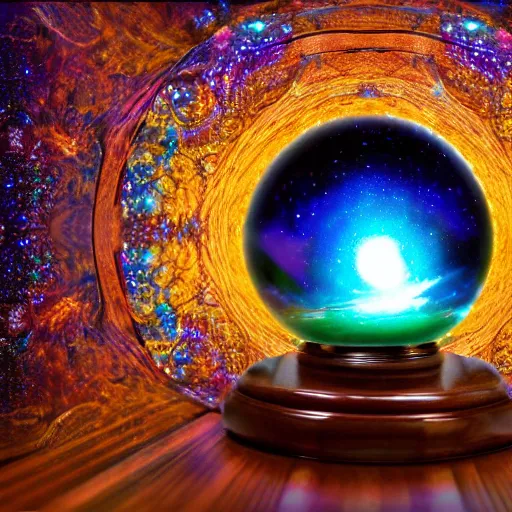 Image similar to a whole universe inside a cosmic crystal ball standing on a mahogany stand on a table in a secret magical forest. Highly detailed, cinematic quality, 8k