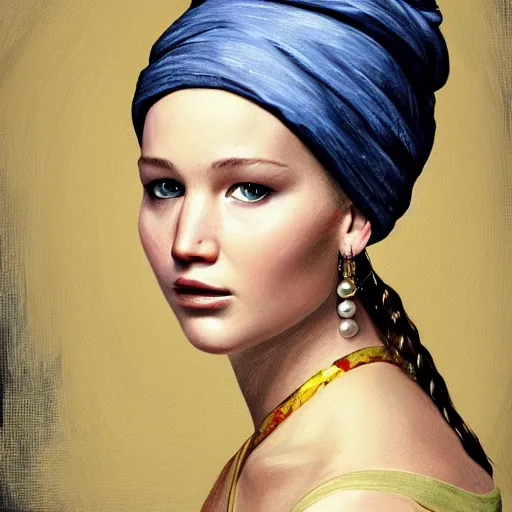 Prompt: portrait of Jennifer Lawrence in the style of Girl with a Pearl Earring by Johannes Vemeer, oil painting, masterpiece, old master, grand master, symmetrical facial features, intricate, elegant, digital painting, concept art, smooth, sharp focus, illustration