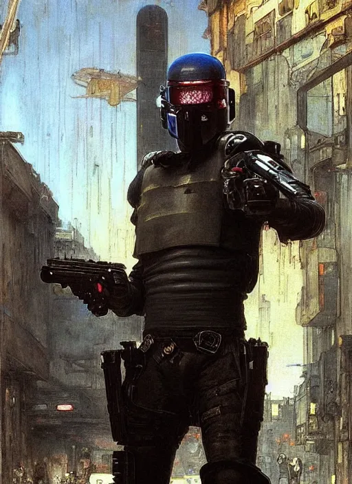 Image similar to Cyberpunk theif escaping Menacing Cyberpunk police trooper wearing a combat vest. Rainy streets (dystopian, police state, Cyberpunk 2077, bladerunner 2049). Iranian orientalist portrait by john william waterhouse and Edwin Longsden Long and Theodore Ralli and Nasreddine Dinet, oil on canvas. Cinematic, vivid colors, hyper realism, realistic proportions, dramatic lighting, high detail 4k