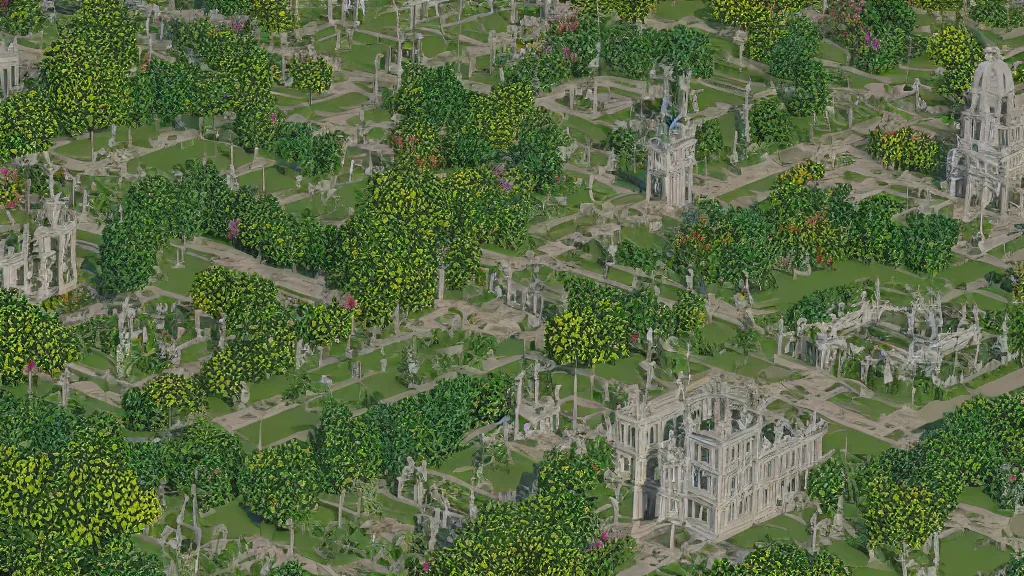 Image similar to versailles garden in an early 3 d low polygon style