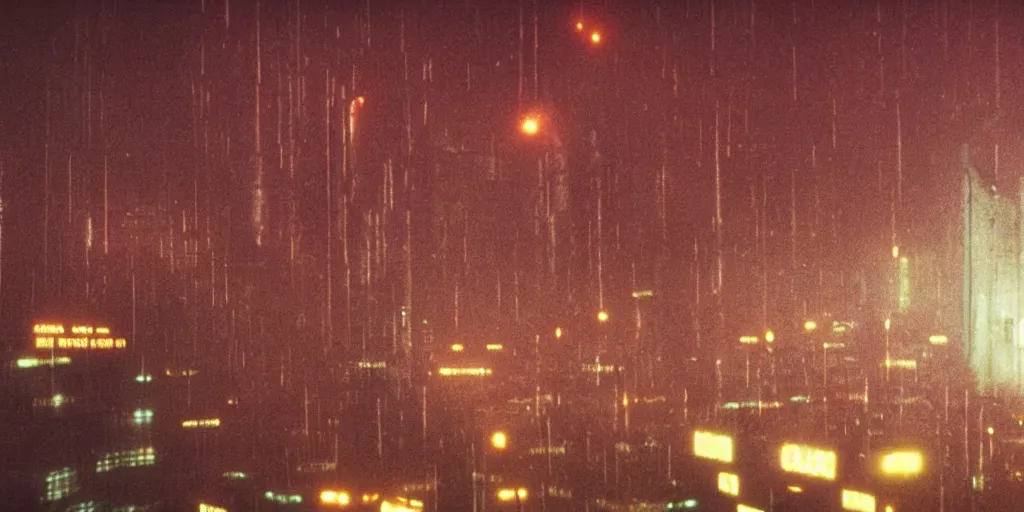 Prompt: 35mm photography film still landscape of Blade Runner 1982 city with industrial fires and smog, futuristic dystopian megacity skyline, rain falling, matte painting, cyberpunk noir, neon, sharp focus